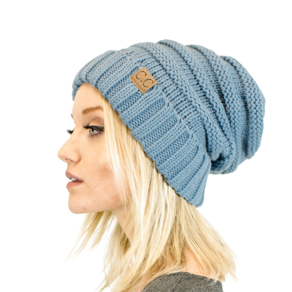 Unisex Knit Oversized Slouchy Beanie in Denim